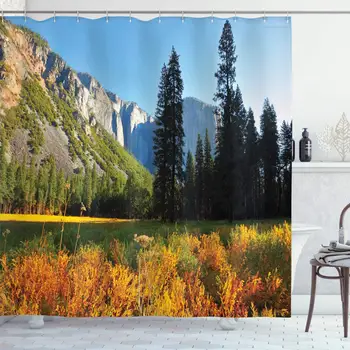 

Yosemite Shower Curtain, Bird's Flight Flies Over Mountains Yosemite National Park Early Fall Season, Cloth Fabric Bathroom
