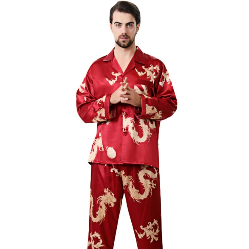 Simulation Silk Couple Pajamas New Long-sleeved Suit Men and Women V-neck Silk Printing Dragon and Phoenix Home Clothing Simulation Silk Couple Pajamas New Long-sleeved Suit Men and Women V-neck Silk Printing Dragon and Phoenix Home Clothing