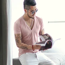 Для мужчин бренд V шеи Сексуальная футболка Для мужчин хлопок, лайкра футболка s короткий рукав Футболки Для Мужчин's футболка Для мужчин s Лето дизайнер T600