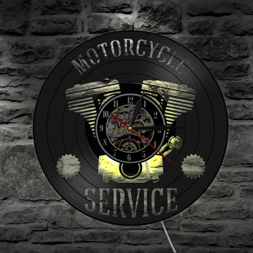 Мотоцикл сервис бизнес подвесной знак мастерская настенные часы ремонт мотоциклов Виниловая пластинка часы гараж декоративные настенные часы