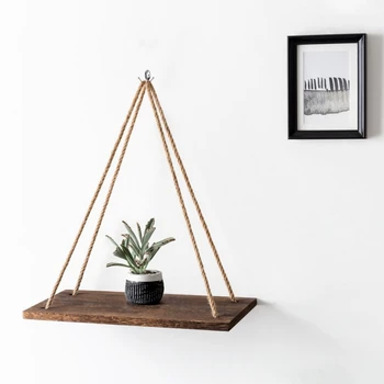 

Premium Wood Swing Hanging Rope Wall Mounted Floating Shelves Plant Flower Pot indoor outdoor decoration simple design