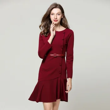 

Long Sleeved New Round Collar Pure Color Red Pencil Falbala Tail Dress Waist Belt Women Party Outfit Clothing Round Neck