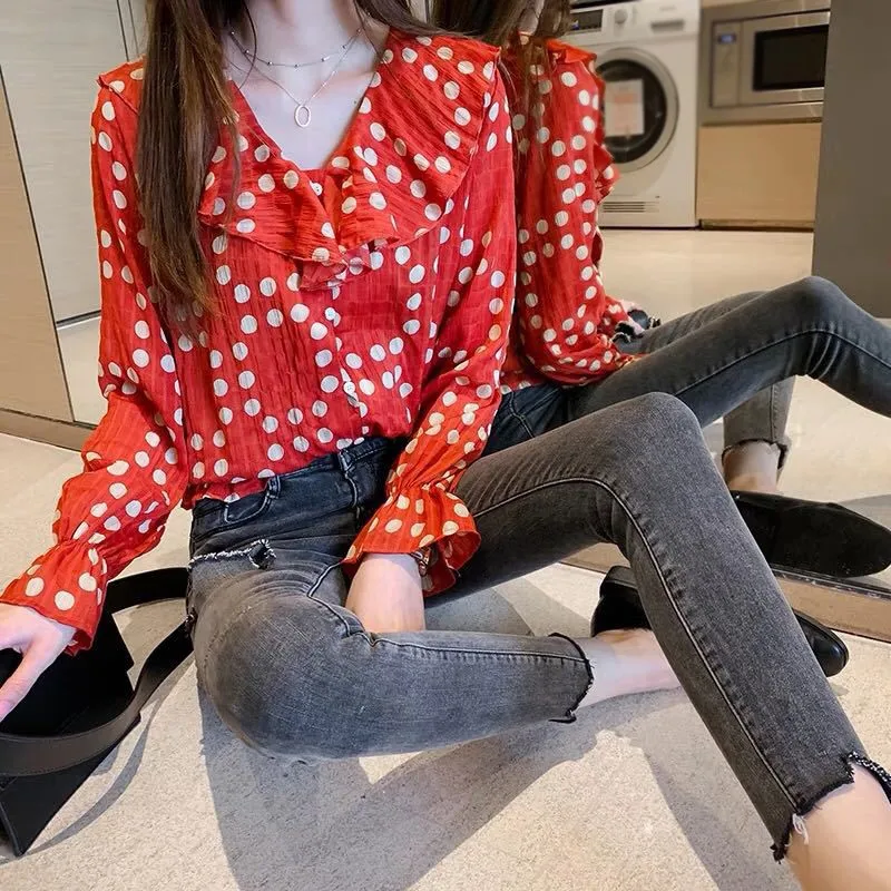 Women's Blouses Dot Print Ruffled Collar Casual Loose Long Butterfly Sleeve Ladies Chiffon Blouse Red Color | Женская одежда