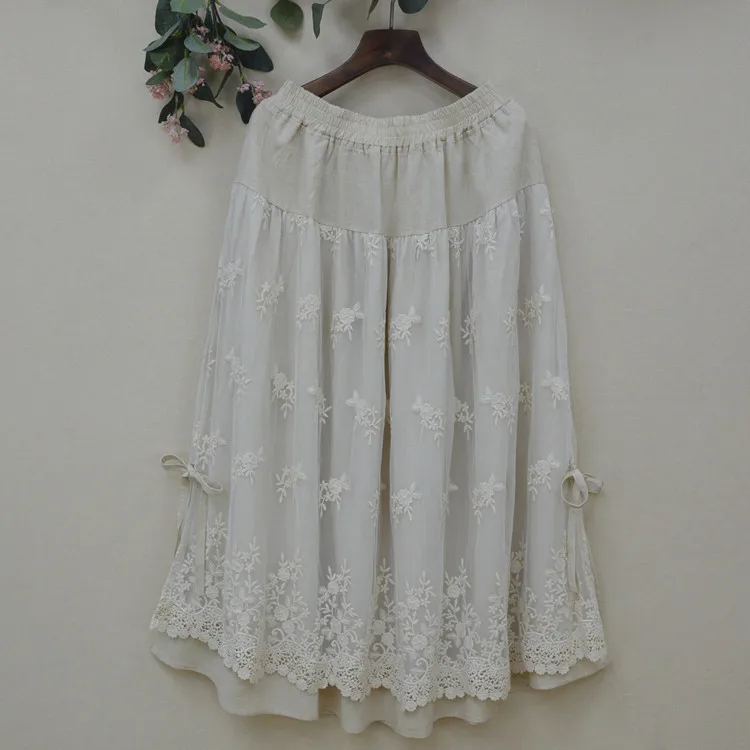 Весенняя юбка из хлопка с кружевной вышивкой и эластичной резинкой на талии, милое женское платье Мори, юбки для девочек, Z035