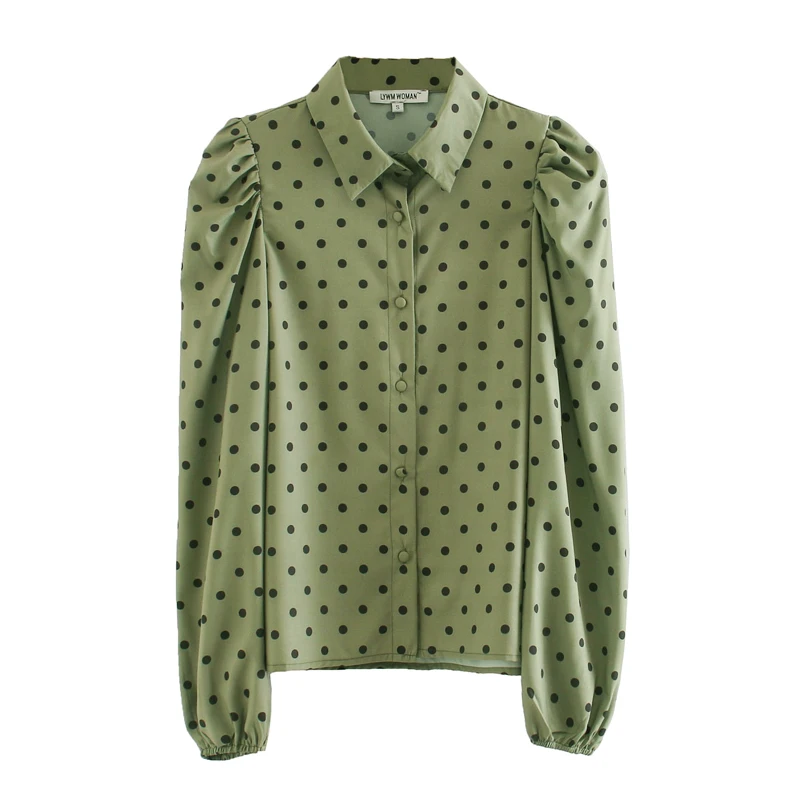 New 2020 women vintage puff sleeve polka dot print casual smock blouse office ladies single butons shirt chic blusas tops LS6620 | Женская