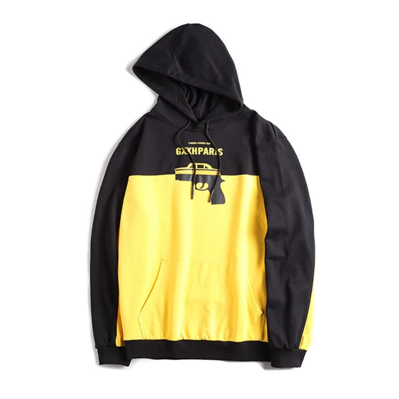 Large size men's tide brand yellow and black loose stitching personality printing stitching ferrules plus size hooded