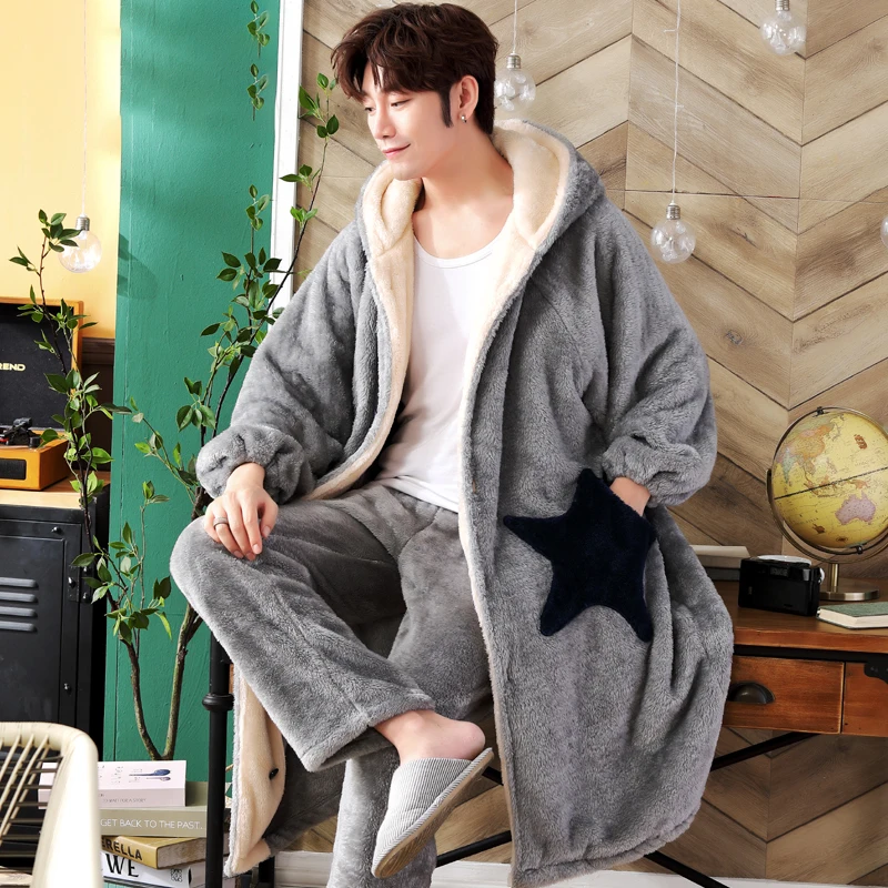 Plush Robe Mens Thick Dressing Gown With Hood Plush Robe Men'