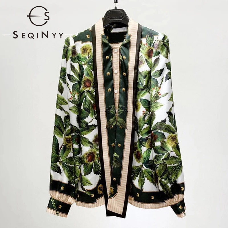 

SEQINYY Silk Shirt 2020 Spring Autumn New Fashion Design Women Bow Retro Print Chestnut Print Loose Twill Sicily Runway Top