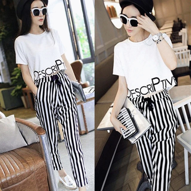 

2 Pcs/Set Women White Printing Tops+stripe Pants Suits Lady Summer Fashion Clothes Causal Round Neck Shirt & Slim Trouser
