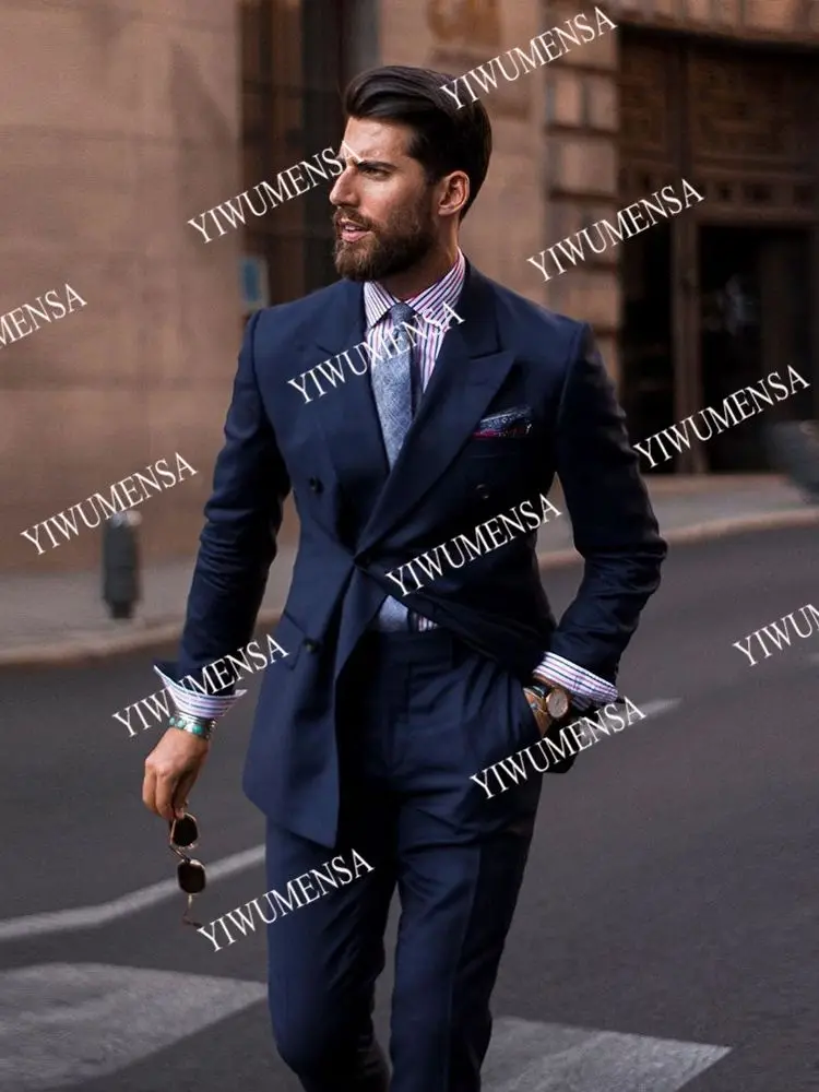 Spring/Autumn Pinstripe Navy Business Men Suits Custom Made Doubel Breasted Jacket With Pants Formal 2 Pieces Set Blazer Tuxedos blazers Suits & Blazer