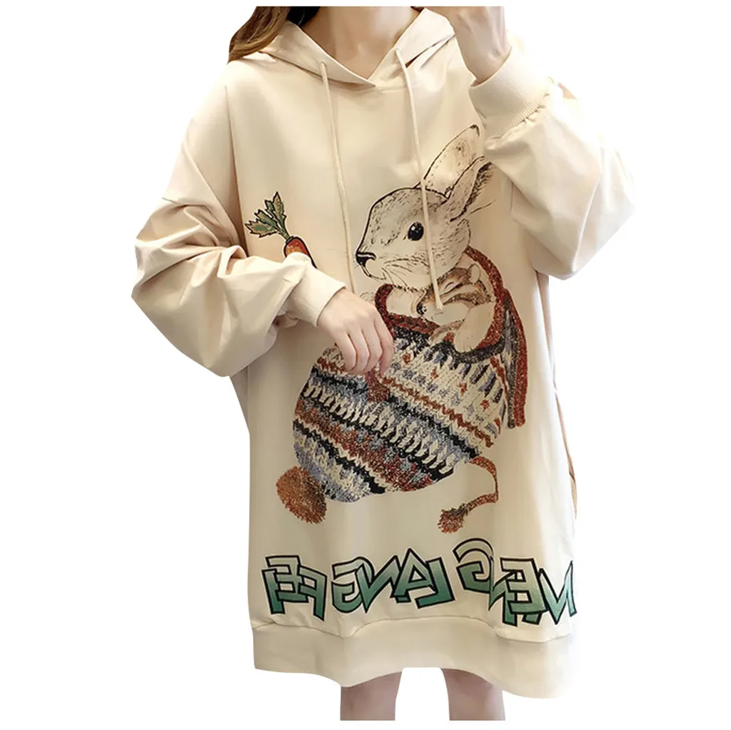 Women Hoody Sweatshirt Harajuku Fashion Rabbit Print Kawaii Hoodie Sweatshirt Casual Loose Oversized Hoodie Long Sweatshirt#B
