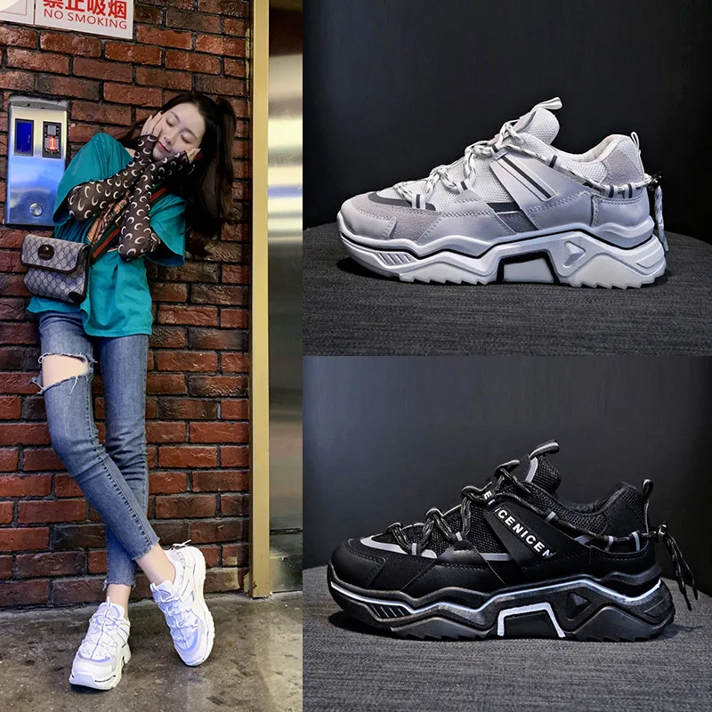 

Black And White with Pattern Dad Shoes Women's 2019 Autumn New Style Online Celebrity Versatile Super Fire Reflective WOMEN'S Sh
