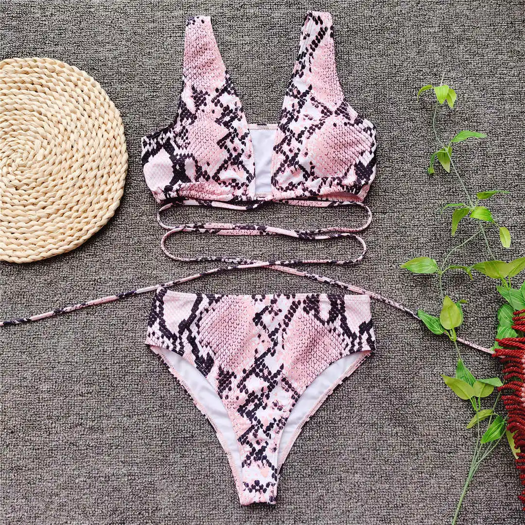 Pink Snake Skin High Waist Bikini Female Swimsuit Women Swimwear Two-piece Bikini set Wrap Around Bather Bathing Suit Swim V2417