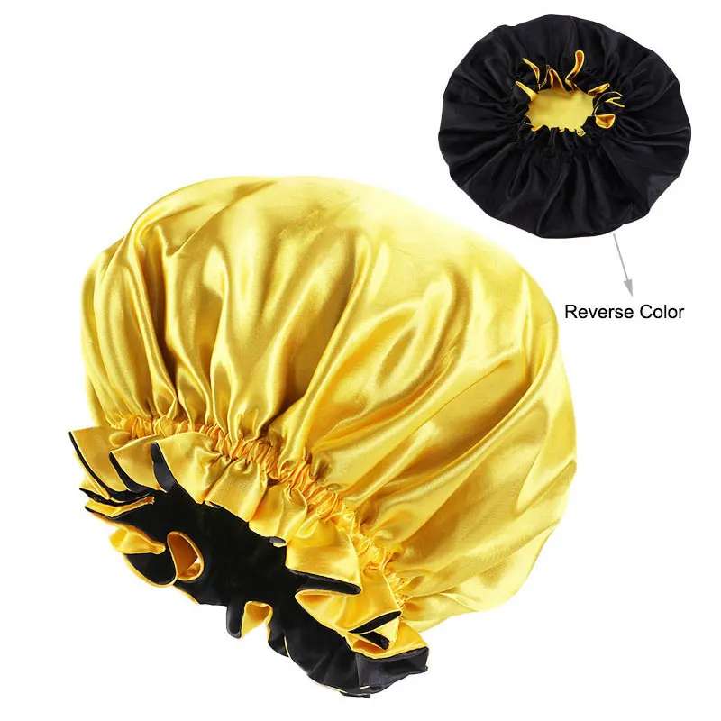 New Women Big Size Laser Satin Print Satin Silk Bonnet Sleep Night Cap Head Cover Bonnet Hat for For Curly Springy Hair Black fisherman skully