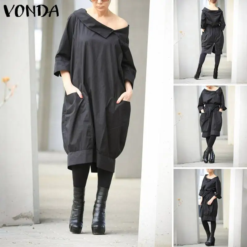 VONDA, летнее платье для беременных, для женщин, воротник-кукла, одноцветное, рукав 3/4, длина до колена, платья, свободный, с разрезом, на пуговицах, сарафан