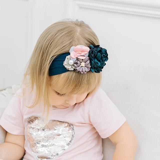 Hair Accessories Princess  Turban Pearl  Baby Headbands Nylon Flower Hairband
