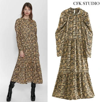 

ZA 2020 New Spring Women Mididress with Snake pattern Print Long Sleeve Yellow Dress Femme Loose Casual vintage Mididress