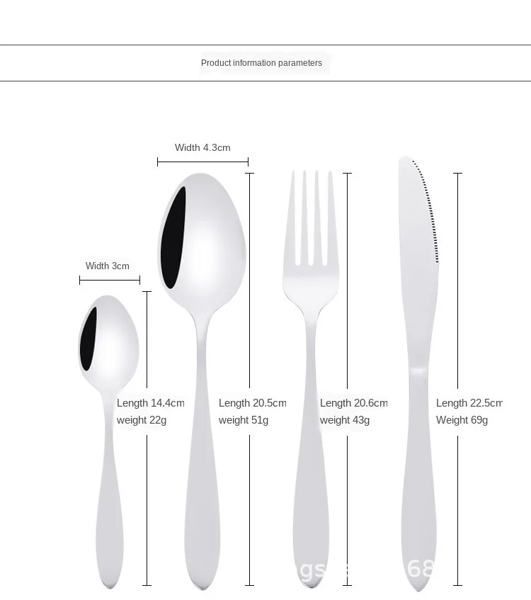 נירוסטה מעובה מערבי כלי שולחן סט סכין, מזלג וכפית 24 מקשה אור נירוסטה כפית סטייק כלי שולחן