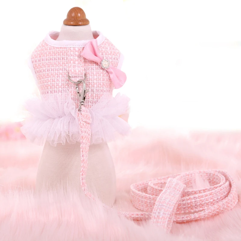 Dog Harness for Small Dog Fall/Winter Tweed Luxury Princess Dog Harness and Leash Set Cute Dog Chest Vest Walking Lead Chihuahua