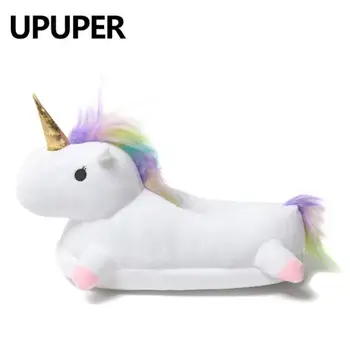 

2019 Winter Cute Unicorn Slippers Women Home Slippers Winter Fur Warm Indoor Slippers Licorne White Animals Shoes Women