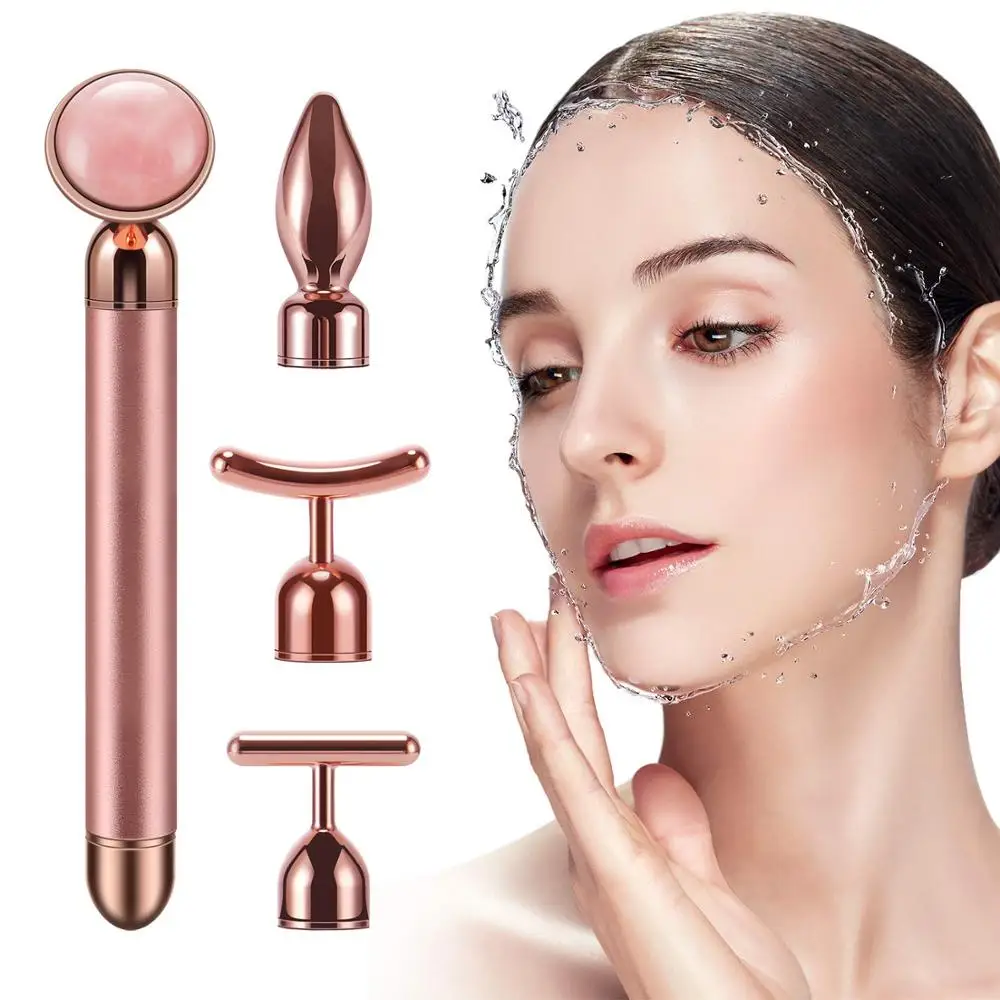 Facial Massager Face Slimming Massager 4 in 1 Vibrating Rose Quartz Roller Face Roller Eye Massager Jade T/V Shaped Face Lifting Slimming Beauty Care Massager