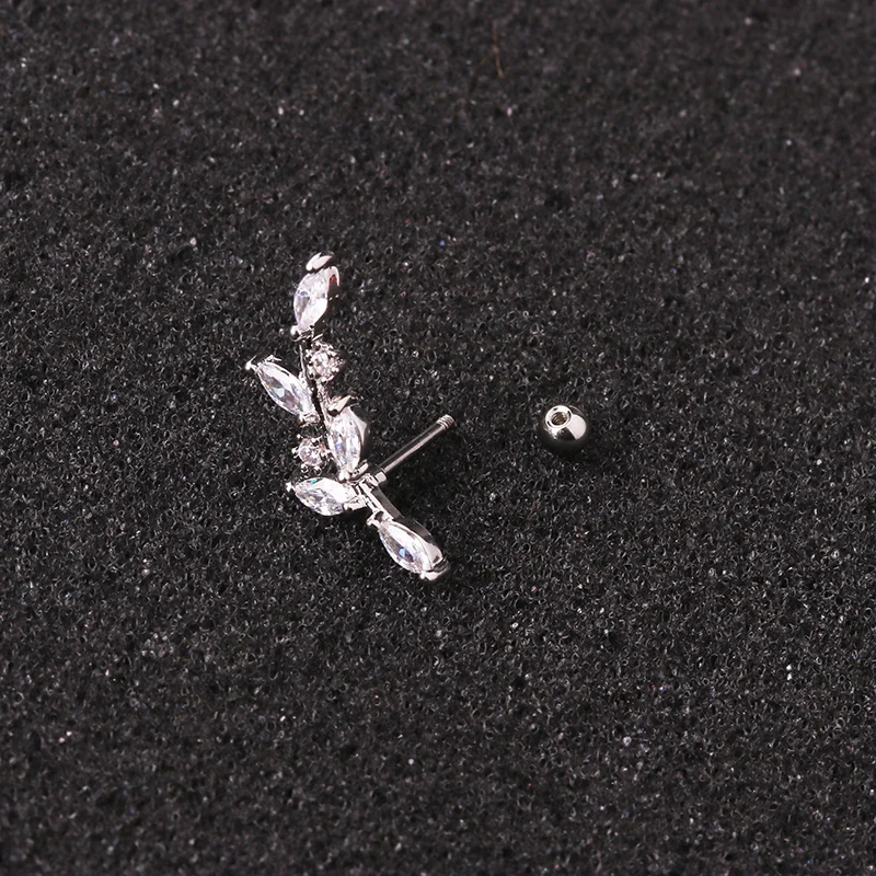 Sellsets 1 Piece 20g Long Star Leaf Bar Stainless Steel Barbell Screw Back CZ Tragus Diaith Helix Snug Piercing Jewelry