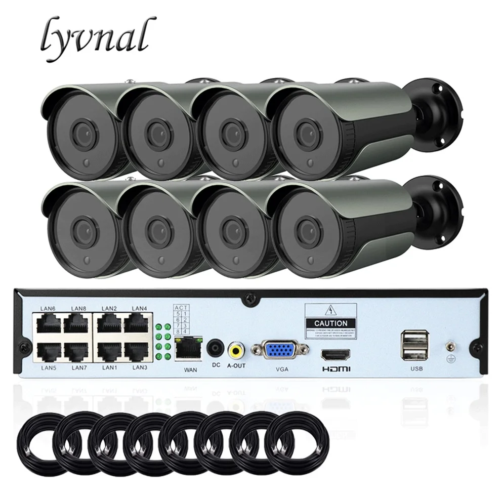Серый LYVNAL h.265 5mp 1080p 8CH POE NVR комплект plug and play hd 720p ip-камера POE 48 в Аудио Открытый 8ch камеры наблюдения POE Комплект - Цвет: Серый