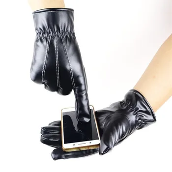 

YGYEEG Winter Warm Men's Leather Gloves Black PU Leather Gloves Driving Cashmere Tactical Wool Glove Full Finger Sport Mittens