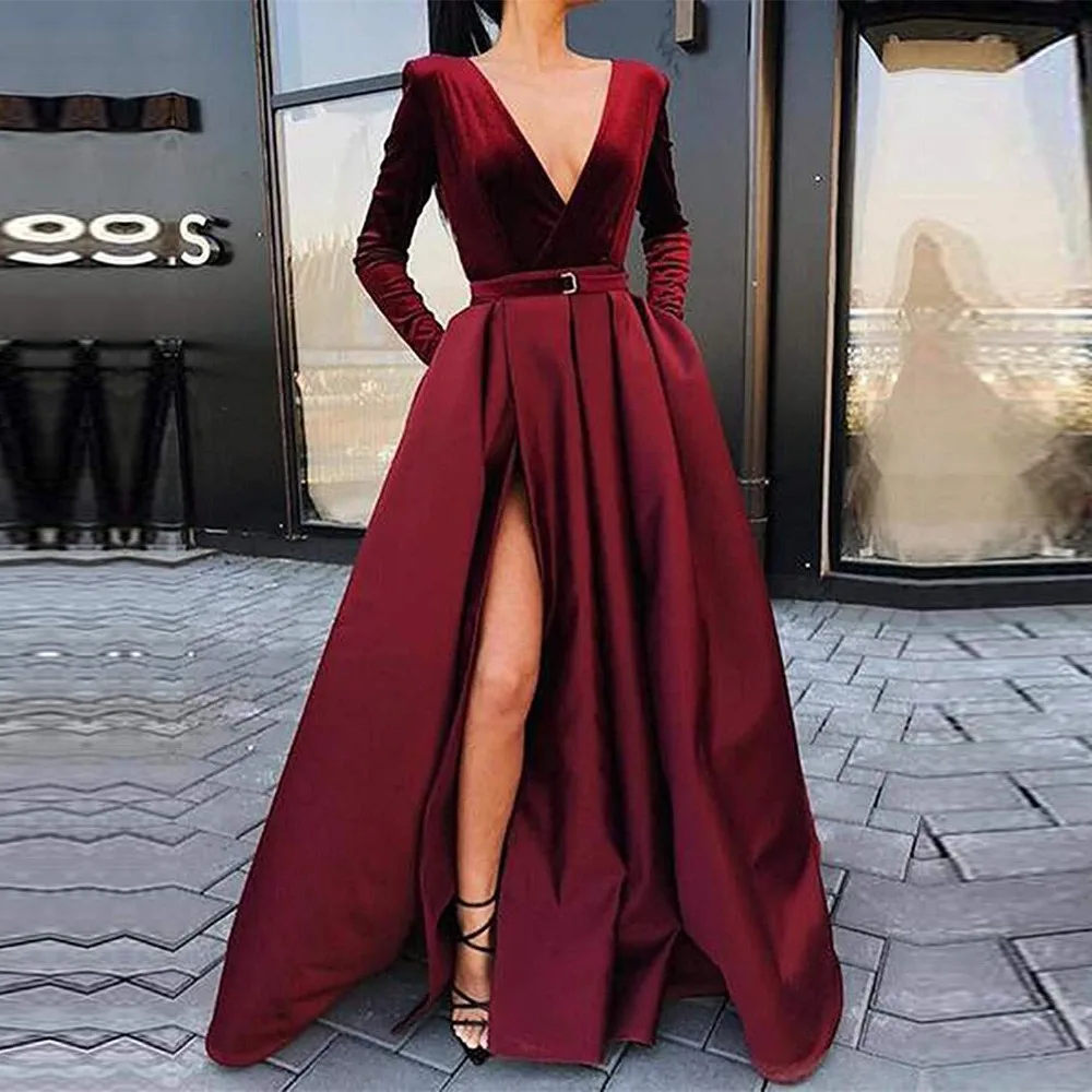 Бургундия с длинным рукавом бархат Выпускные Платья Vestidos de Festa Longo на заказ v-образным вырезом Вечерние платья размера плюс с Высоким Разрезом Вечернее платье