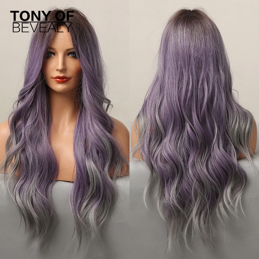 Peluca de cabello sintético Natural para mujer, pelo largo ondulado de color morado a gris, parte media, resistente al calor, fiesta de Cosplay