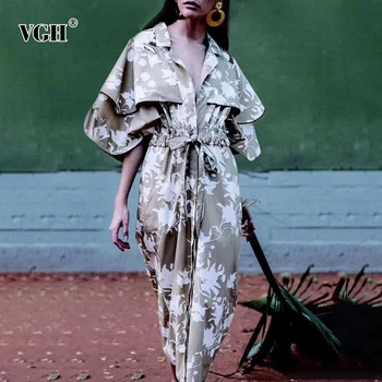 

VGH Print Elegant The Dress For Women V Neck Ruffles Sleeve High Waist Bandages Maxi Summer Dresses Female 2020 Fashion New