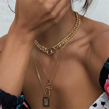 

Punk Layer Double Circle Choker Necklace for Women Virgin Mary with Cross Pendant Necklace Cuban Link Chain Decoration on Neck
