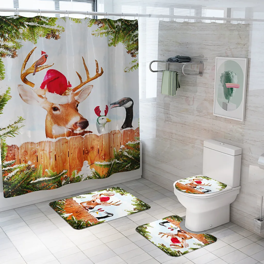 Санта Рождество печати туалет коврик для ванной комнаты и занавеска для душа комплект из четырех предметов^ 15