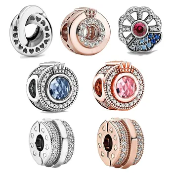 

2020 New 925 Sterling Silver Bead Glittering Crown And Pink Fan Beads Fit Pandora Women Bracelet & Necklace Diy Jewelry