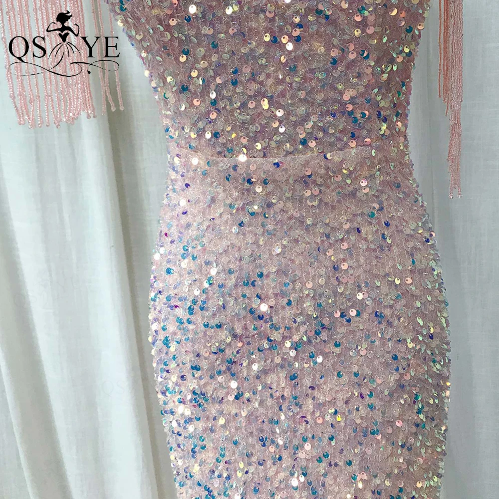 Sparkle Pink Evening Dresses Beading Side Sleeves Sequin Prom Gown Fit Glitter Party Dress Mermaid V Neck Women Formal Gown 2021 white evening dresses