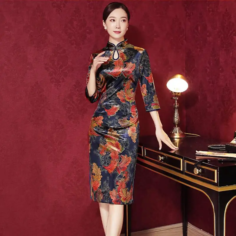 Изысканный китайский стиль Cheongsam леди Мандарин воротник короткий рукав Qipao с цветочным принтом длинное винтажное вечернее платье 3XL 4XL - Цвет: Navy Blue