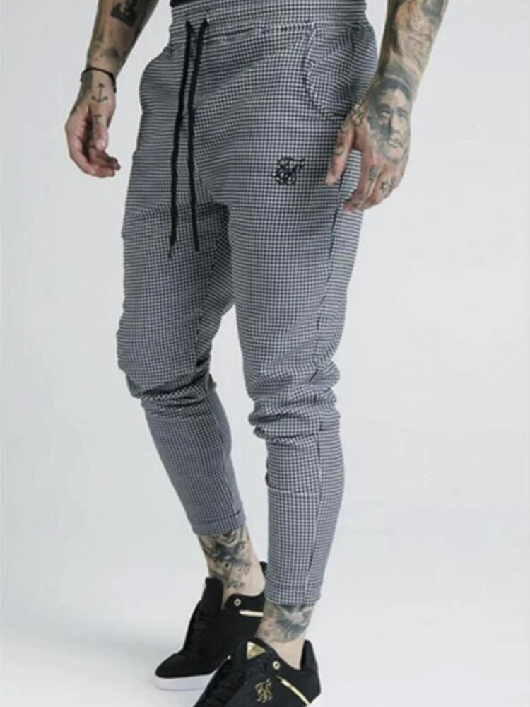 Модные мужские новые клетчатые шелковые повседневные спортивные штаны с принтом, мужские уличные хип-хоп модные обтягивающие штаны из полиэстера - Цвет: Gray plaid