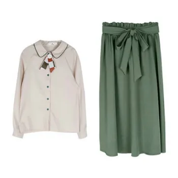 

XUANHAO Womens Two Piece Set Peter Pan Collar Tie Blouse Hight Waist Knee Length Bow Sashes Pleated Skirts Blouse and Skirt Set