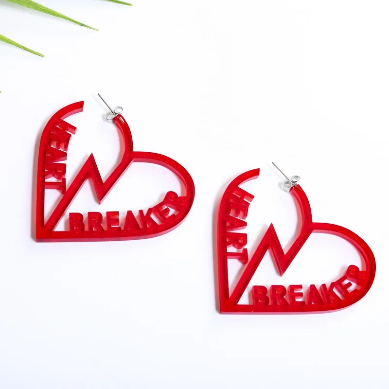 

Creative Funny Hollow Out Two Pieces of Break Heart Hollow Out Red Acrylic Drop Earrings for Female Cool Punk Dangle Earrings