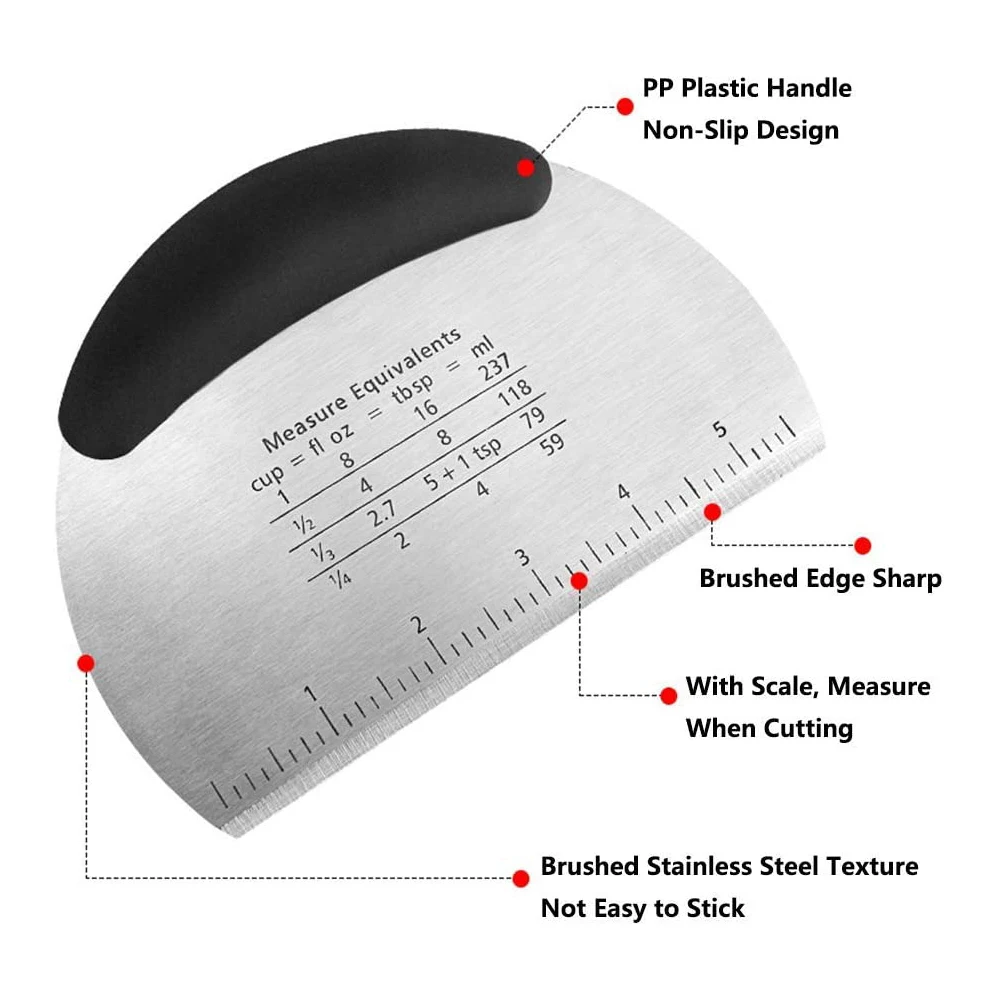 Stainless Steel Dough Cutter with Scale Pastry Scraper Chopper Pizza Divider Semicircular Bread Separator Flour Pastry Cake Tool