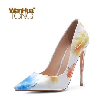

Wanhuatong Pointed Toe Stiletto Heel Wedding Sweet Party Pumps Floral Print Woman Fashion Shoes Size45