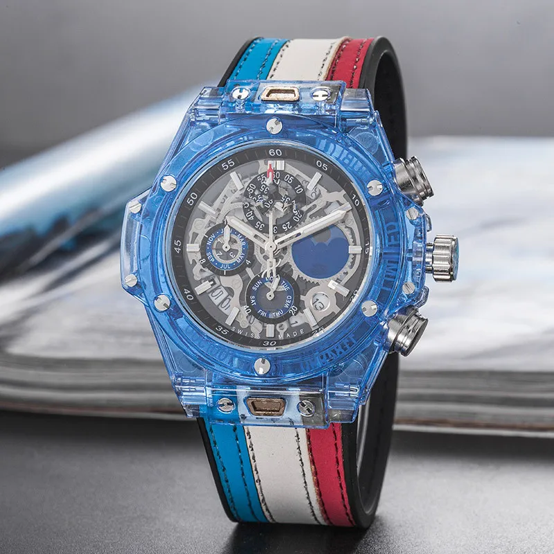 

FOSSIL Men's Fashion Trend Luxury Sports Quartz Chronograph Watch Transparent Watch with Color Stripe Silicone Relogio Masculino