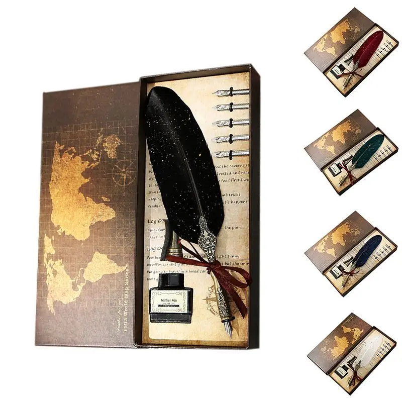 

New Wedding Gifts For Guests English Calligrap Feather Pen Set Vintage Advertising Gift Ink Pen Dip Water Metal Fountain Pen Set