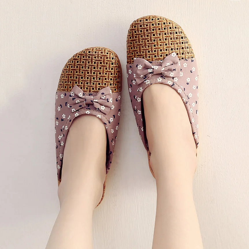 

Floral Straw Slippers Women Bowknot Flax Shoes Elegant Ladies Boho Beach Summer chaussure femme Flip Flops Sandals Couple shoes