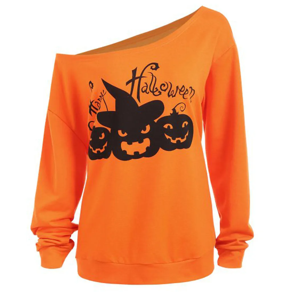 

moletom Women Casual sweatshirt Plus Size Halloween Print Skew Collar Long Sleeve Sweatshirts Tops sudadera mujer