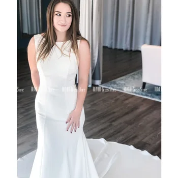 

Scoop Neck White Wedding Dress 2020 Zipper Up Back Sheath Bridal Dress Floor Length Chapel Train Satin Vestidos De Novia