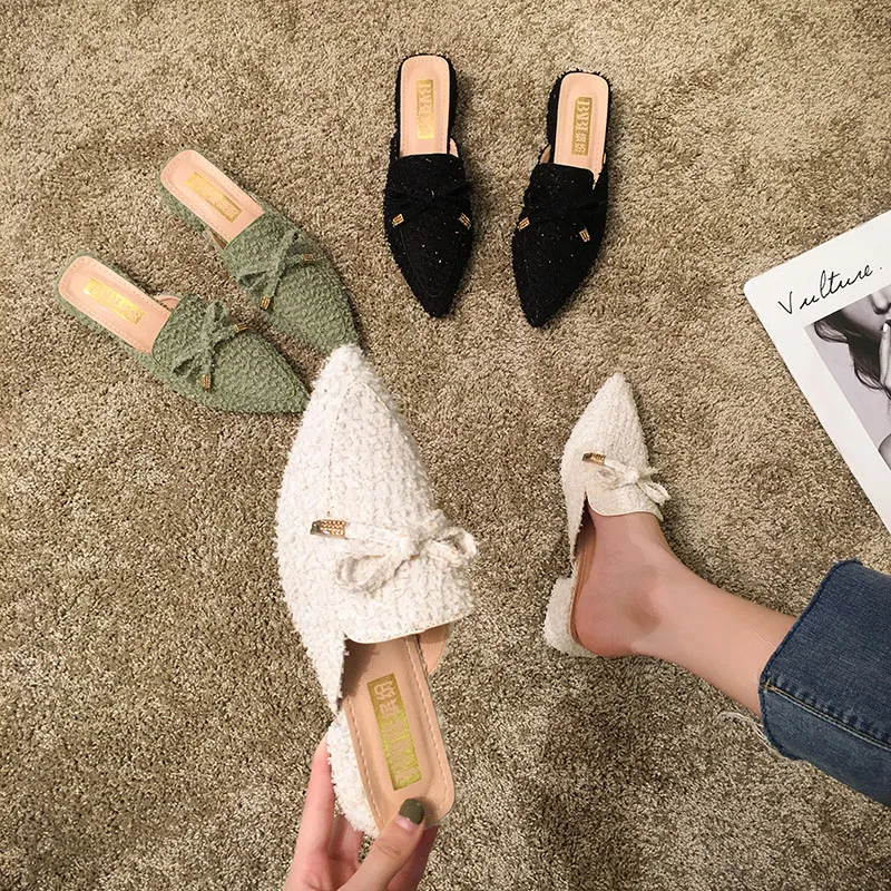 

Women's Slippers 2019 Luxury Slides Shoes Med Summer Clogs Woman Socofy Pointed Toe Square heel Fringe Butterfly-knot New