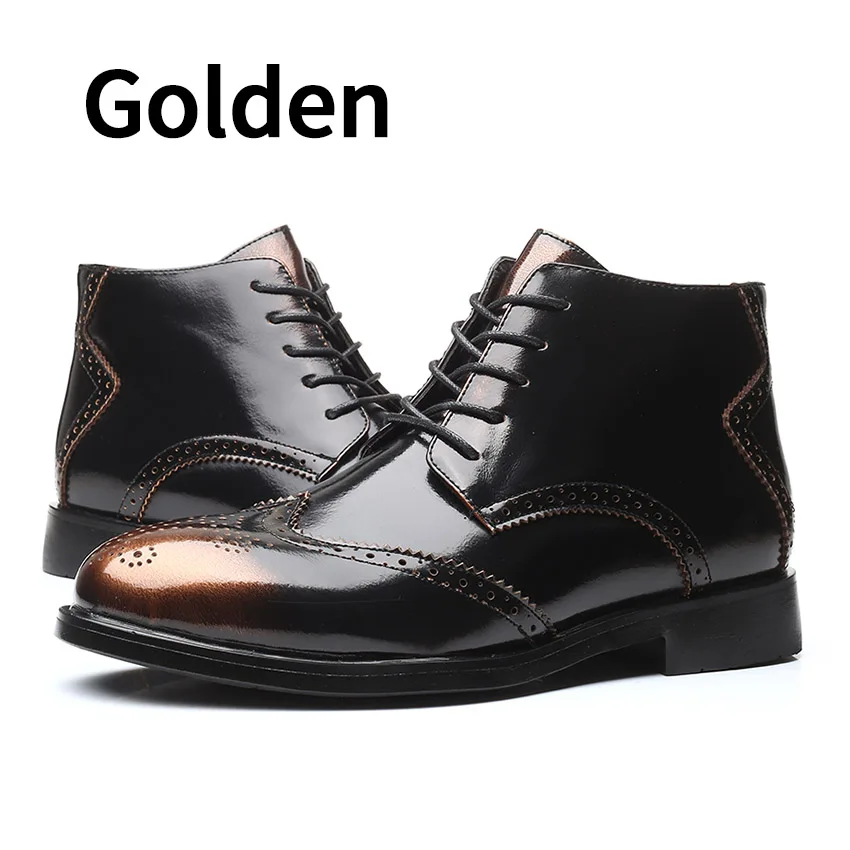 BIMUDUIYU; мужские ботинки «Челси» из искусственной кожи; полуботинки-оксфорды в британском стиле; Мужская Повседневная модная обувь с перфорацией типа «броги» на шнуровке с цветочным узором - Цвет: Golden