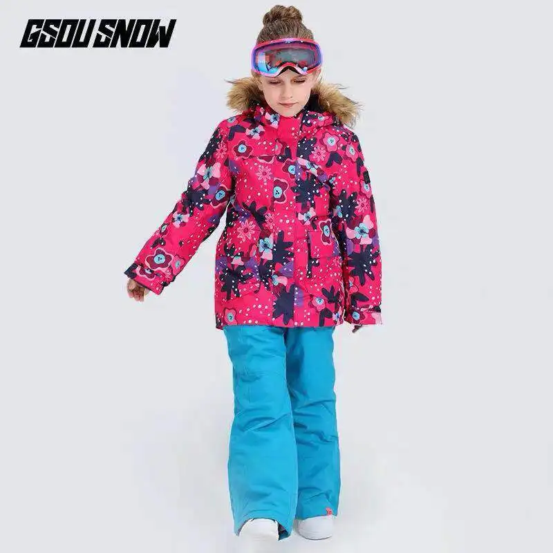 Winter Girls Skiing Jacket Pant Kids Snowboard Suit Windproof Waterproof Breathable Fur Hooded Ski Clothing Trouser Child Suit