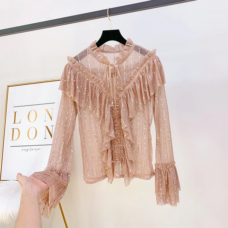 

Sequin Shirt Women New Fashion Ruffles Horn Sleeve Sparkling Super Fairy Shirtwomens Blusas Tops Femme 2019 Autumn